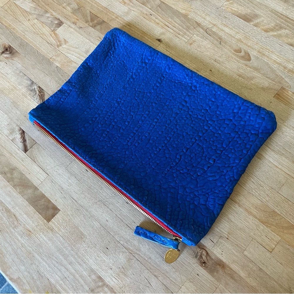 Clare V Flat Clutch pebbled cobalt blue w/ red zipper excellent condition
